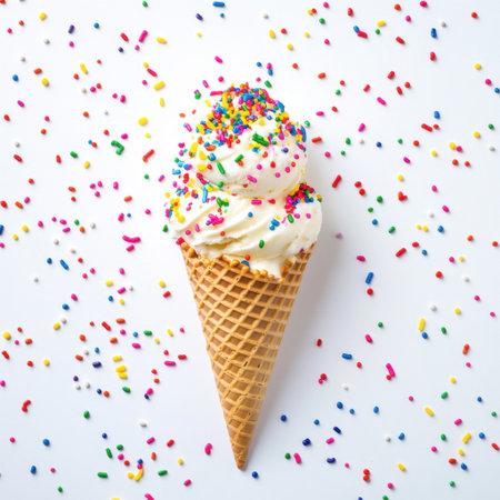 A delightful image of an ice cream cone featuring creamy swirls, topped with vibrant sprinkles and surrounded by scattered candy sprinkles on a clean white backdrop.の素材