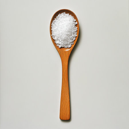 A wooden spoon filled with coarse sea salt, beautifully arranged on a simple background. Ideal for culinary themes, cooking, or kitchen decor. Perfect for recipes!の素材