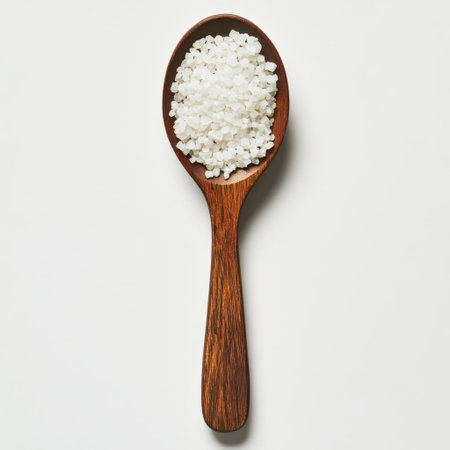 A beautiful arrangement featuring coarse sea salt in a wooden spoon against a clean, minimalist background, perfect for food styling or culinary-focused projects.の素材