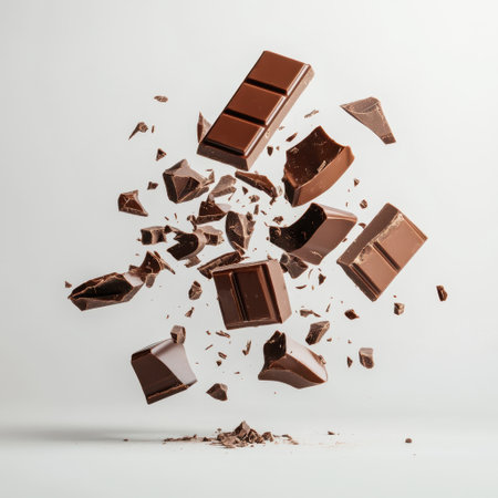 Captivating image of chocolate bars and shattered pieces suspended in mid-air, showcasing the rich texture and color of the chocolate against a white background.の素材