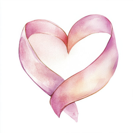 This beautiful watercolor heart illustration features a soft pink ribbon, representing love and compassion, perfect for Valentine's Day and romantic themes.の素材