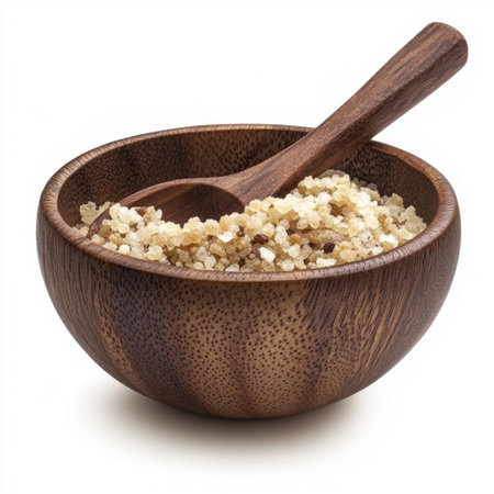 A beautifully crafted wooden bowl filled with coarse sea salt and accompanied by a wooden spoon. This image evokes culinary creativity and health benefits.の素材