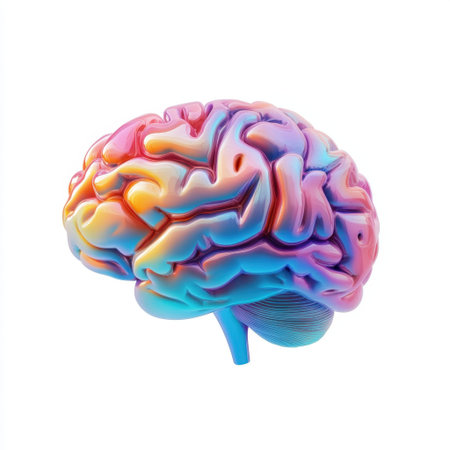 A vivid and colorful 3D render of a brain model, showcasing unique shapes and patterns to represent cognitive functions, creativity, and neuroplasticity. Perfect for educational use.の素材