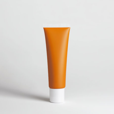 A sleek orange cosmetic tube mockup with a white cap, perfect for showcasing beauty and personal care products against a simple neutral background.の素材