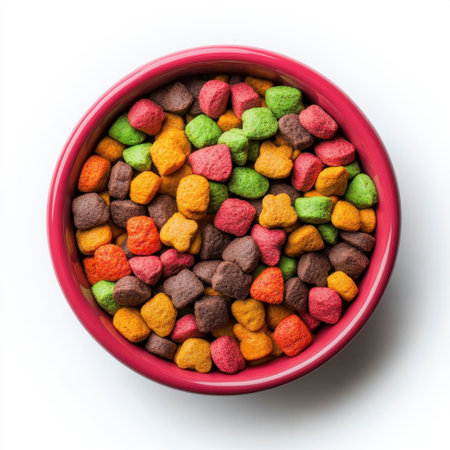 An overhead view of colorful pet food in a vibrant bowl features various shapes and bright colors, ideal for pet-related designs, marketing, and promotional content.の素材