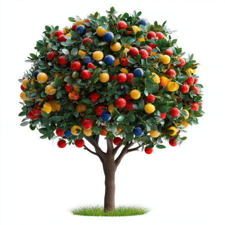 This vibrant artificial fruit tree showcases colorful ornaments and lush foliage, making it an ideal decor piece for various settings and celebrations.の素材