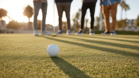 A group of friends enjoys a relaxing sunset golf session on the vibrant green. A close-up of a golf ball in the foreground highlights the fun and social aspect of the game.の素材
