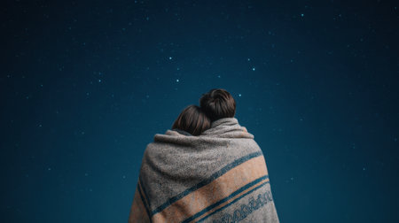 A cozy couple cuddles under a blanket, gazing at a stunning starry sky. This serene moment captures the essence of love and tranquility in a beautiful outdoor setting.の素材