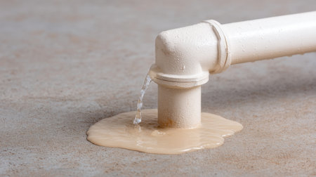 This image showcases a white pipe leaking water onto a concrete floor, emphasizing plumbing issues and the importance of quick maintenance to prevent damage.の素材