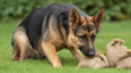 A German Shepherd dog is delicately sniffing burlap bags placed on green grass, surrounded by a natural outdoor environment, showcasing its curious nature.の素材