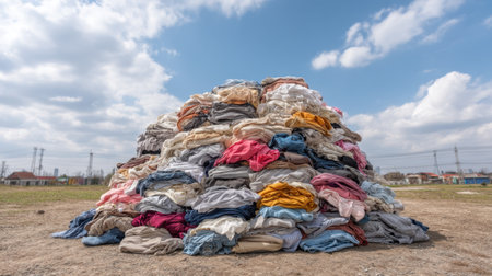 A striking view of a large pile of colorful clothes stacked outdoors under a vivid blue sky. This image highlights themes of waste management, recycling, and sustainability.の素材