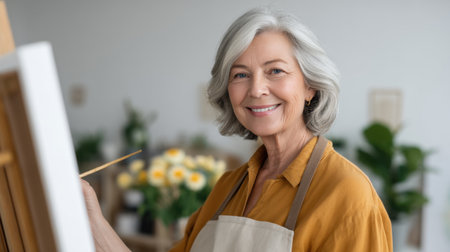 A joyful senior woman stands in her art studio, smiling while delicately painting on a canvas. Surrounded by blooming flowers, she embodies creativity and passion.の素材