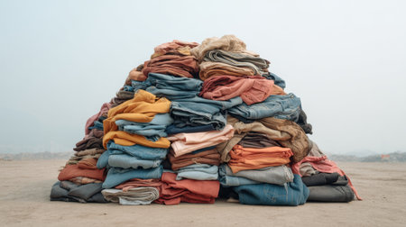 A visually striking pile of assorted colorful fabrics captured in a dusty setting under a soft sky, emphasizing themes of recycling and sustainable textile management.の素材
