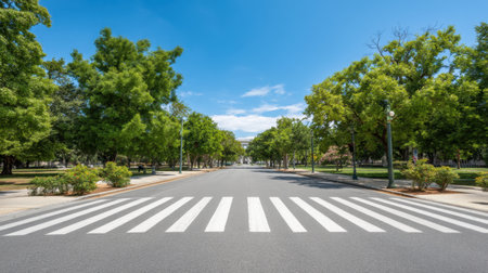 Discover a tranquil urban park scene featuring a wide street lined with vibrant green trees under a bright blue sky, perfect for leisurely walks and relaxation.の素材