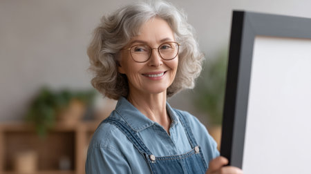 An elderly woman smiles warmly while holding a blank frame in her cozy home. The soft natural light highlights her joy and artistic spirit, perfect for creative themes.の素材