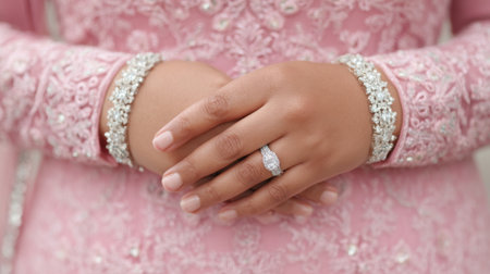 Close-up view of elegant hands adorned with intricate jewelry, showcasing a sparkling ring, resting gracefully on a beautifully embellished pink dress, perfect for weddings.の素材