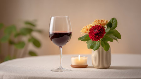 A romantic table scene featuring a glass of red wine and softly glowing candlelight alongside a charming flower arrangement, creating an inviting atmosphere for intimate evenings.の素材