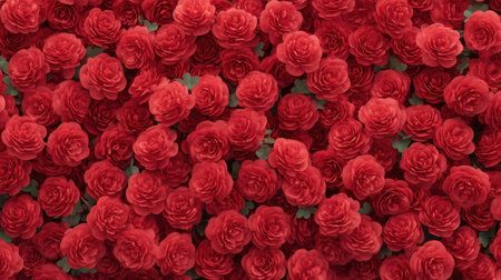 An overhead view of vibrant red roses against a textured wall creates an elegant and striking floral background. Ideal for decoration or inspiration themes, this image captivates with simplicity and beauty.の素材