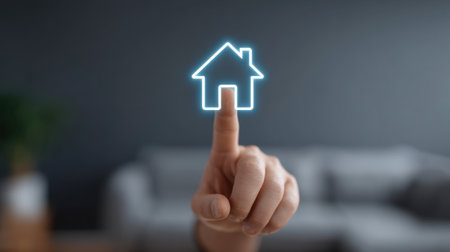 A hand reaching out to touch a virtual house icon, symbolizing home ownership and real estate. The background features a cozy living room, adding context.の素材