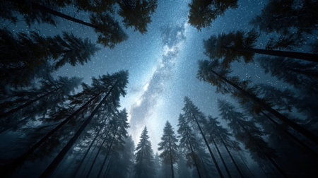 Discover a breathtaking view of a starry night sky framed by tall pine trees, creating a peaceful and enchanting atmosphere perfect for nature enthusiasts.の素材