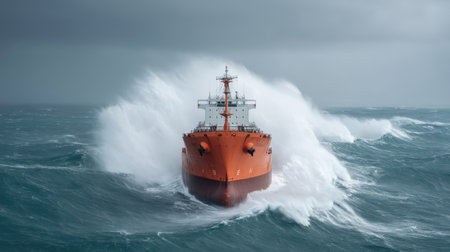A striking image capturing an orange cargo ship battling through intense ocean waves with a stormy sky above, embodying the power and challenges of maritime transport.の素材