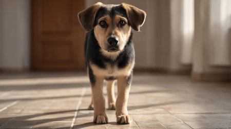This adorable puppy stands in a sunlit room, showcasing its playful and curious nature. The warm light enhances the scene, highlighting the bond between pets and humans.の素材