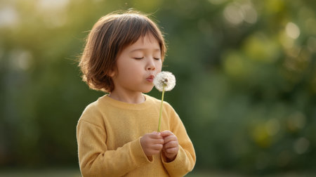 A young child in a cozy yellow sweater blows on a dandelion in a sunny garden, capturing the essence of childhood wonder and the beauty of nature.の素材