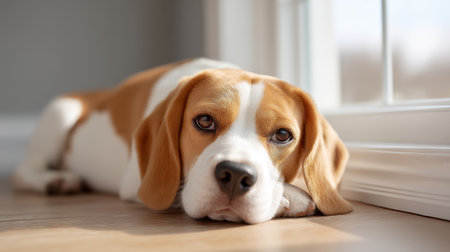 A relaxed beagle dog lies comfortably on the floor by the window, basking in soft natural light. The scene evokes feelings of tranquility and domestic bliss.の素材