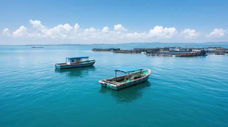 A serene view of colorful fishing boats gently floating on clear blue waters, framed by a bright sky with fluffy clouds, ideal for nature and travel themes.の素材
