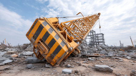A tilted yellow crane sits among the debris of a construction site, showcasing the aftermath of industrial activity against a backdrop of a cloudy sky.の素材