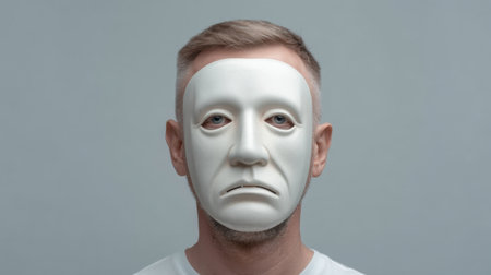 A man wearing a stark white mask exudes an emotionless demeanor, emphasizing themes of isolation and identity against a simple gray background.の素材