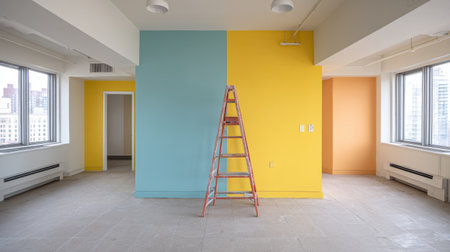 A bright, freshly renovated office space with painters actively working on vibrant walls. The scene highlights modern design, filled with light and color, enhancing productivity.の素材