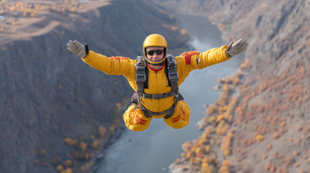 Experience the excitement of a vivid parachute jump as a daring skydiver glides over a stunning river canyon, capturing the thrill of extreme adventure in a vibrant autumn setting.の素材