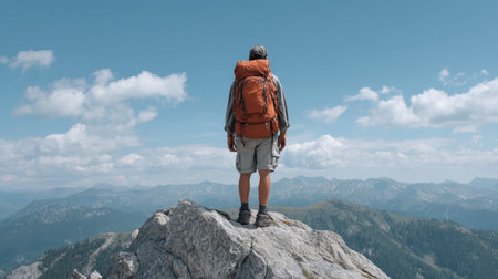 A lone hiker stands on a rocky peak, basking in the tranquil summer ambiance, surrounded by distant mountains and open skies, embracing nature's beauty.の素材