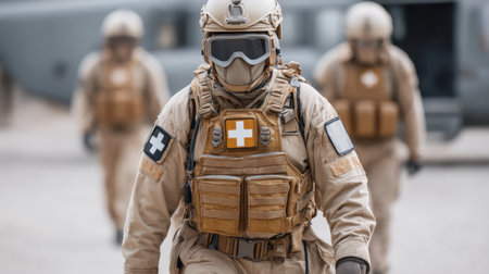 This image depicts military medical personnel equipped for advanced rescue operations in emergency response scenarios, showcasing teamwork and strategic readiness.の素材