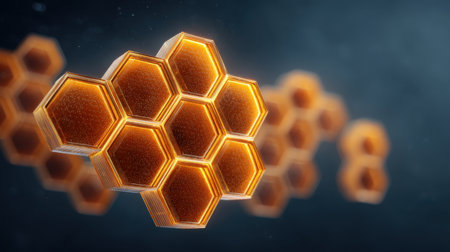 Explore a stunning digital illustration of a glowing honeycomb structure, merging nature with technology through vibrant hexagonal designs and a futuristic aesthetic.の素材