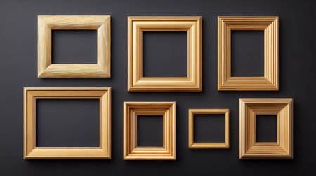 A collection of gold frames in various designs and shapes set against a soft black background, perfect for showcasing artwork or photographs in stylish interiors.の素材