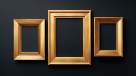 Discover elegant gold picture frames beautifully arranged on a deep black background, perfect for enhancing art displays and adding luxury to any interior setting.の素材