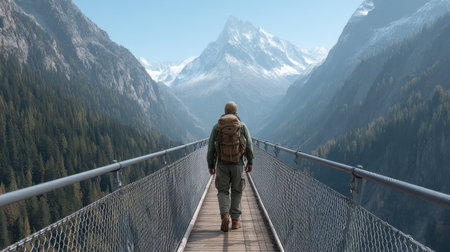 A traveler walks across the stunning Charles Kuonen Suspension Bridge, surrounded by breathtaking mountains and lush greenery, embodying adventure and tranquility.の素材