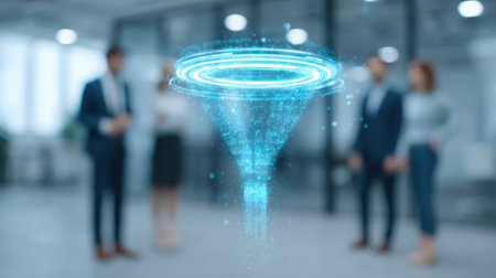 A team of professionals collaboratively analyzing a holographic sales funnel performance in a modern office setting, showcasing innovation and teamwork in business focus.の素材