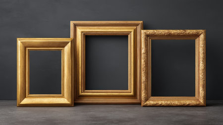 Discover elegant gold frames arranged on a dark backdrop, perfect for showcasing art or photography. A refined aesthetic ideal for modern decor and stylish interiors.の素材