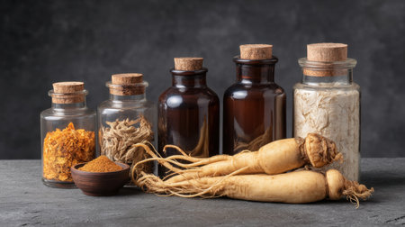 Explore a collection of natural herbal ingredients featuring ginseng roots, dried herbs, and spices, ideal for holistic healing and alternative wellness practices.の素材