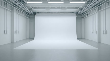 A bright and spacious photography studio featuring a seamless white cyclorama backdrop, perfect for creative projects and professional photography sessions.の素材