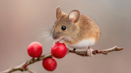 A delightful close-up of a small mouse enjoying a red fruit on a delicate branch, surrounded by a soft, blurred background, showcasing a serene moment in nature.の素材