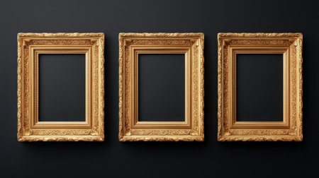Three ornate golden frames are elegantly displayed against a sleek black background, perfect for showcasing art and adding sophistication to any interior space.の素材
