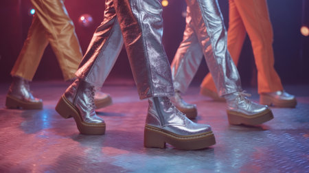 Experience the energy of a disco party scene with individuals showcasing metallic jumpsuits and platform shoes, creating a vibrant and lively atmosphere perfect for celebration.の素材