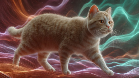 Explore a vibrant digital artwork showcasing a walking cat in a colorful holographic universe. The scene features flowing energies and surreal visual elements.の素材