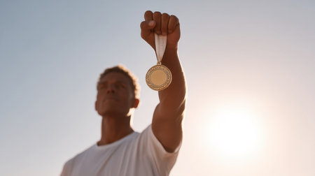 An athlete proudly holds a gold medal aloft in bright sunlight after winning a race, embodying the spirit of victory and personal achievement in sports.の素材