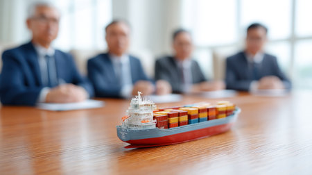 Professionals engage in a strategic business meeting focused on a cargo ship model, discussing sea freight plans and logistics at a conference table.の素材