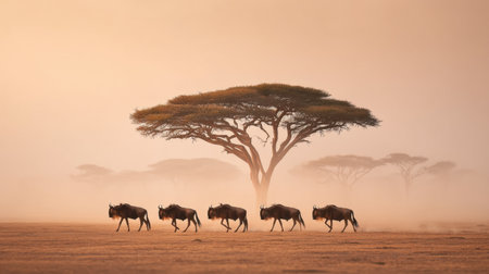 Witness the enchanting scene of wildebeests migrating at sunset, as dust rises and creates a golden glow in a serene African landscape, showcasing nature's beauty.の素材